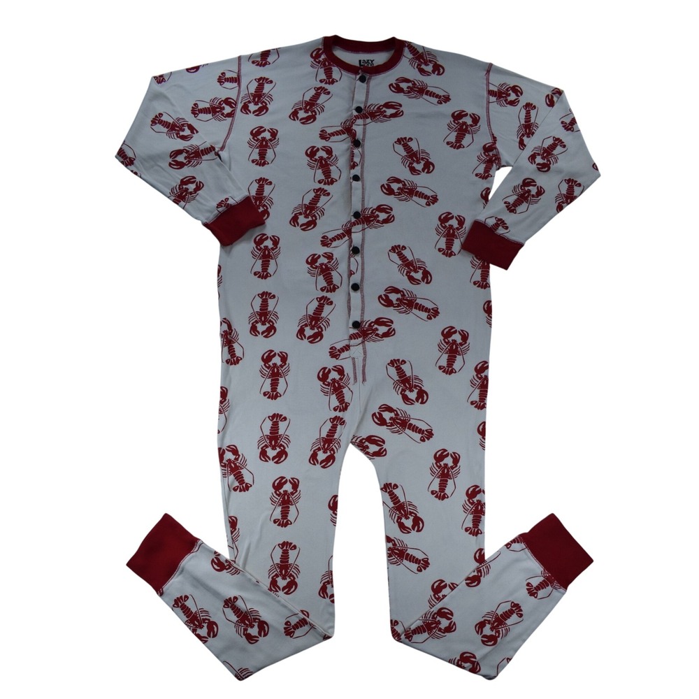 Lazy One Lobster Trap Door Union Suit Pajamas XL Red White Cotton Sleepwear